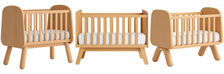 Wooden baby cribs with minimalist designs for nursery and baby care. Concept of parenting, comfort, and modern furniture