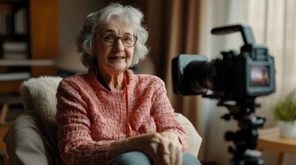 Mujer mayor grabando video en casa, compartiendo experiencias y conocimientos, ilustrando la creatividad y actividad en la tercera edad