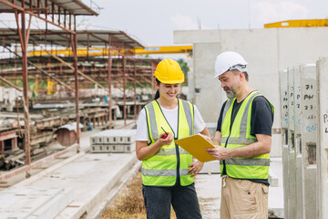Engineer women working teamwork with senior male manager happy smiling, Workers team working together outdoor at construction site.