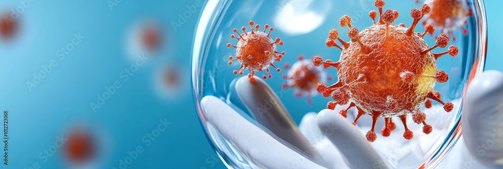 Poster a close-up image revealing the intricate details of bacterial and virus cells, captured under a micr