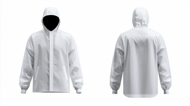 A clean and modern mockup of a white raincoat with a hood, perfect for showcasing designs and branding.  The front and back views provide a comprehensive look at the garment.
