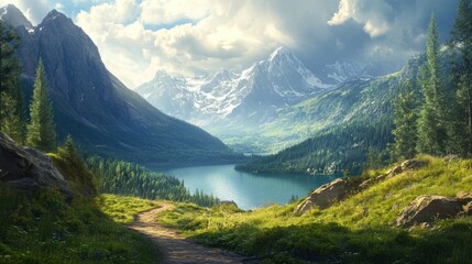 Fototapeta premium Serene Mountain Lake and Trail