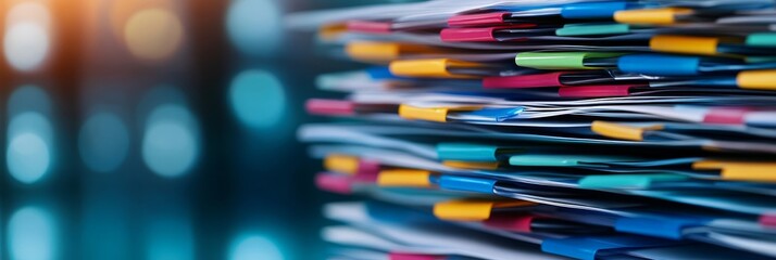 A close-up view of a stack of medical records, meticulously organized and secured with colorful bookmarks, symbolizing efficient healthcare data management, patient privacy, secure storage, and easy a