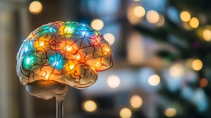 Close-up of a human brain model with vibrant neural pathways, symbolizing cognitive response and mental activity, ideal for educational and scientific visual content