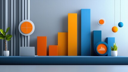 Minimalist Modern Office Interior Design with Bar Chart  Laptop  and Plants