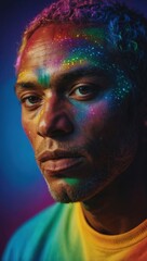 Split portrait of man with glitter makeup and abstract art