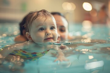 Mother takes one year old girl to her first swimming lesson