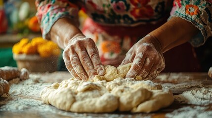 A close-up of hands kneading dough on a wooden surface, showcasing the art of bread making in a vibrant kitchen environment.