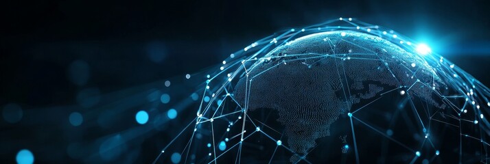 A digital representation of the Earth with glowing lines connecting continents, symbolizing global communication, network infrastructure, digital transformation, future technology, and innovation.