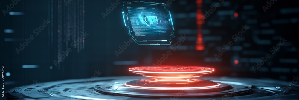 Poster a futuristic 3d display stand with a glowing interface, perfect for showcasing products in a modern 