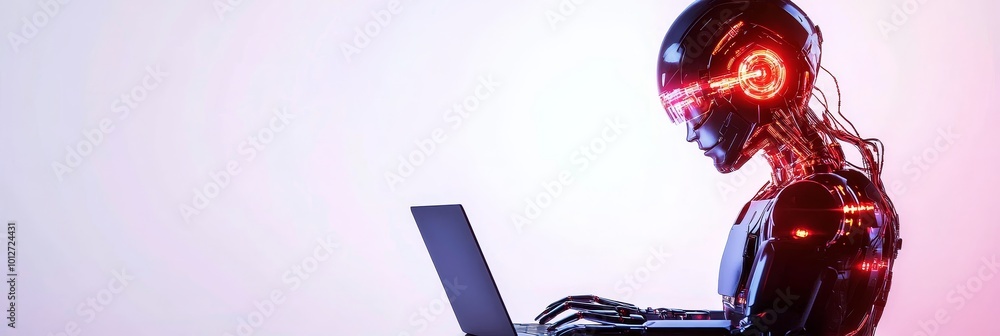 Poster a futuristic humanoid robot with glowing red circuits is shown working on a laptop, symbolizing tech