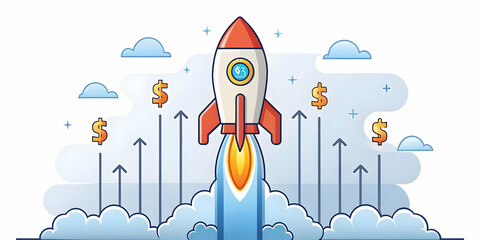 Vector Illustration of a Rocket Taking Off with Dollar Signs: Symbolizing Startup Success, Financial Growth, and Entrepreneurship in a Bold and Dynamic Style