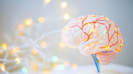 Close-up of a human brain model with vibrant neural pathways, symbolizing cognitive response and mental activity, ideal for educational and scientific visual content