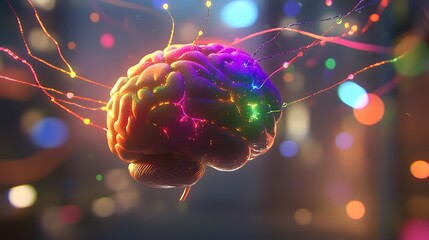 Close-up of a human brain model with vibrant neural pathways, symbolizing cognitive response and mental activity, ideal for educational and scientific visual content