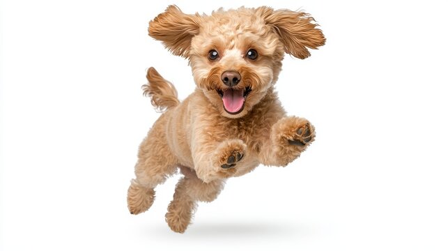 A joyful brown poodle dog with a fluffy coat is mid-jump, showcasing its happiness and playful nature. The dog has its tongue out, ears perked up, and paws extended, capturing a moment of pure canine 