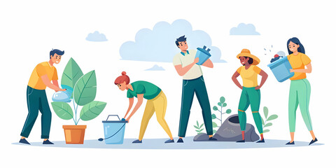 Fototapeta premium Flat Candid Community Service Project Concept: Genuine Teamwork in Environmental Growth Captured in Simple Vector Illustration on White Background