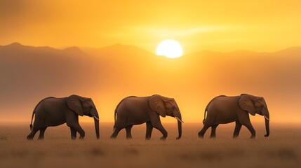 Fototapeta premium A majestic family of elephants walk across a dry grassland as the sun sets, casting a warm golden glow over the African savanna. This image symbolizes the strength, wisdom, and unity of the animal kin