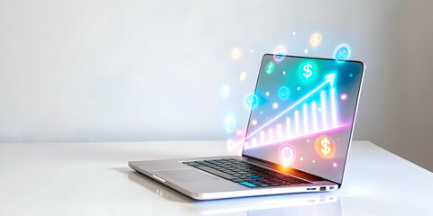 Flat Glowing Holographic Laptop with Floating Business Icons on Minimalist Desk - Sleek, Modern Design Ideal for Smart Business Concepts