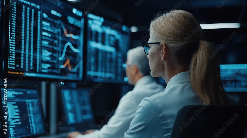 Poster a high-tech workspace shows a woman analyzing data on screens, highlighting teamwork and advanced an