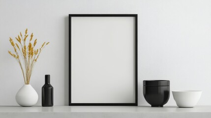 A minimalist kitchen setting featuring a blank frame on a shelf, a vase with dried flowers, a black bottle, a black bowl, and a white bowl. This image is perfect for showcasing artwork, photographs, o