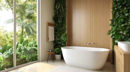Fototapeta premium A modern bathroom with a freestanding tub, wooden walls, and lush greenery. The space is bright and airy, with large windows offering a view of nature.