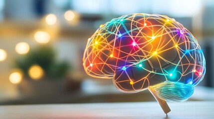 Close-up of a human brain model with vibrant neural pathways, symbolizing cognitive response and mental activity, ideal for educational and scientific visual content