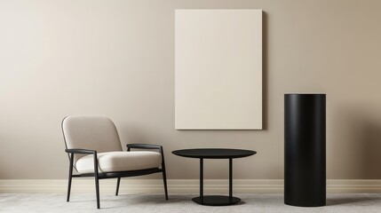 A modern minimalist living room featuring a comfortable white chair, a sleek black coffee table, a large blank canvas, and a tall black cylinder. The neutral color palette and clean lines create a ser