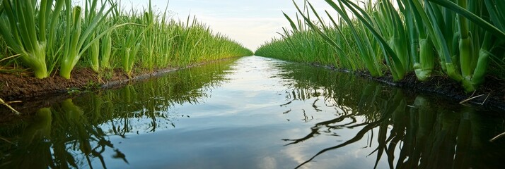 A narrow irrigation channel runs through rows of thriving green onion plants, highlighting the importance of water in agriculture. The channel reflects the clear blue sky, creating a picturesque scene