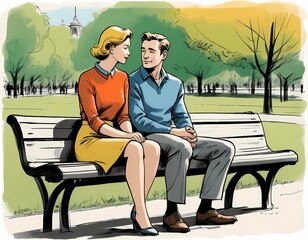 Obraz premium a couple of love are sitting on the park pench - colored sketch drawing (artwork 3)