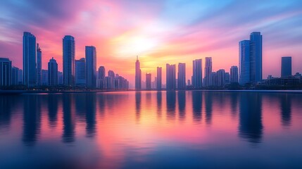 Fototapeta premium Modern city skyline reflecting in a serene lake during a vibrant sunset