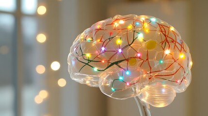 Close-up of a human brain model with vibrant neural pathways, symbolizing cognitive response and mental activity, ideal for educational and scientific visual content