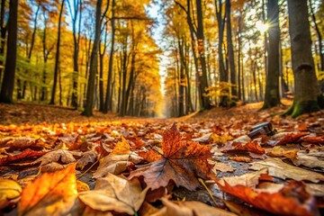 Fototapeta premium Forest floor strewn with autumn leaves emphasizing selective focus