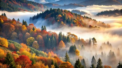 Obraz premium Forest in the morning mist on mountain Autumn scene Point of View