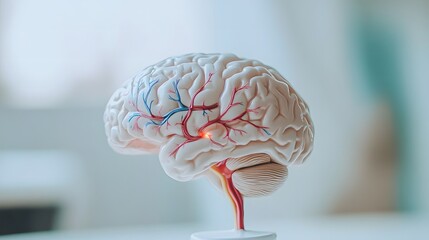 Close-up of a human brain model with vibrant neural pathways, symbolizing cognitive response and mental activity, ideal for educational and scientific visual content