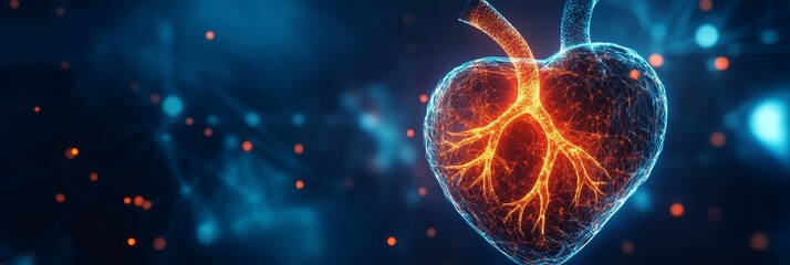 A vibrant 3D  of a human heart, pulsing with life.  The intricate network of glowing vessels symbolizes circulation, vitality, and the interconnectedness of the body.