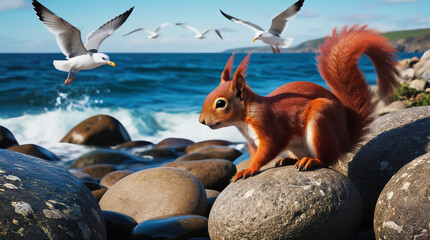 Fototapeta premium Rocky Shoreline: A Day by the Sea: Squirrel’s Shoreline Adventure