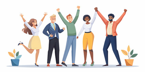Obraz premium Flat Candid Team Celebrating Growth Milestone in ESG Initiatives - Joyful Expressions and Spontaneous Interactions in a Simple Flat Vector Illustration