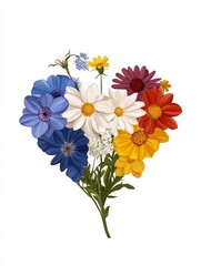 Naklejka premium A vibrant heart shaped bouquet of colorful flowers including blue, white, yellow, orange and red, symbolizing love, passion, joy, hope, and friendship.