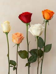 Obraz premium A vibrant display of five roses, each a different color, lined up against a plain background. The roses symbolize love, beauty, passion, and growth.