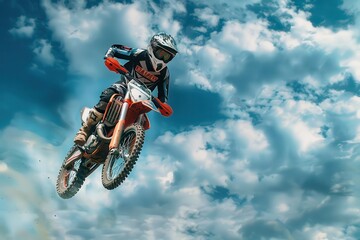 Obraz premium Motocross racer efficiently jumps and hangs in the air