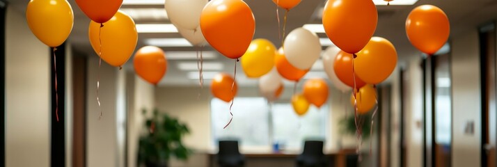 A warm celebration in an office with balloons hanging from the ceiling. This image symbolizes retirement, joy, new beginnings, and togetherness.