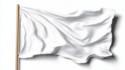 Obraz premium A white flag on a wooden pole waves gently against a white background, symbolizing sur, peace, truce, purity, and new beginnings.