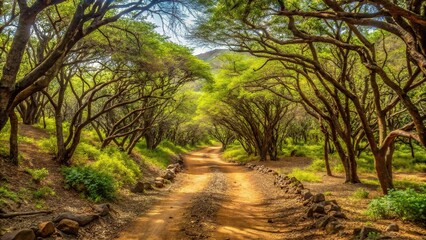 Fototapeta premium Forest path through dry green vegetation in Cape Verde
