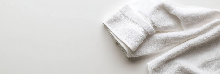 Obraz premium A white towel on a white background, creating a minimal and clean aesthetic. The towel's soft texture and gentle folds suggest comfort and relaxation. This image can be used for various purposes like