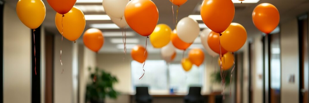 A warm celebration in an office with balloons hanging from the ceiling. This image symbolizes retirement, joy, new beginnings, and togetherness.