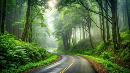 Obraz premium Forest road with foggy mist