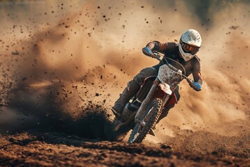 Motocross racer speeds up on dirt track