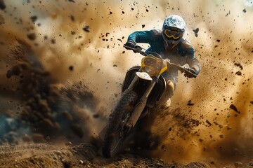 Motocross rider accelerating on dirt track with debris flying