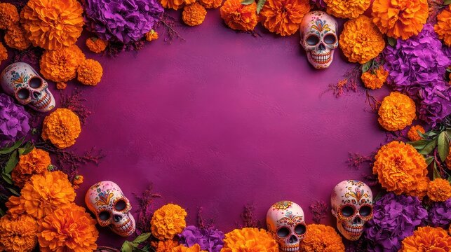 Vibrant marigold flowers and decorative skulls create a colorful frame on a purple background, celebrating traditions and cultures.