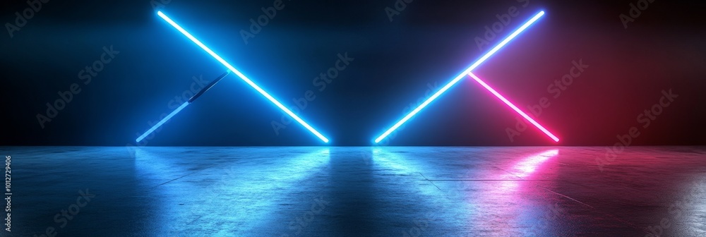 Poster abstract digital art featuring intersecting blue and red neon lines on a black background with refle